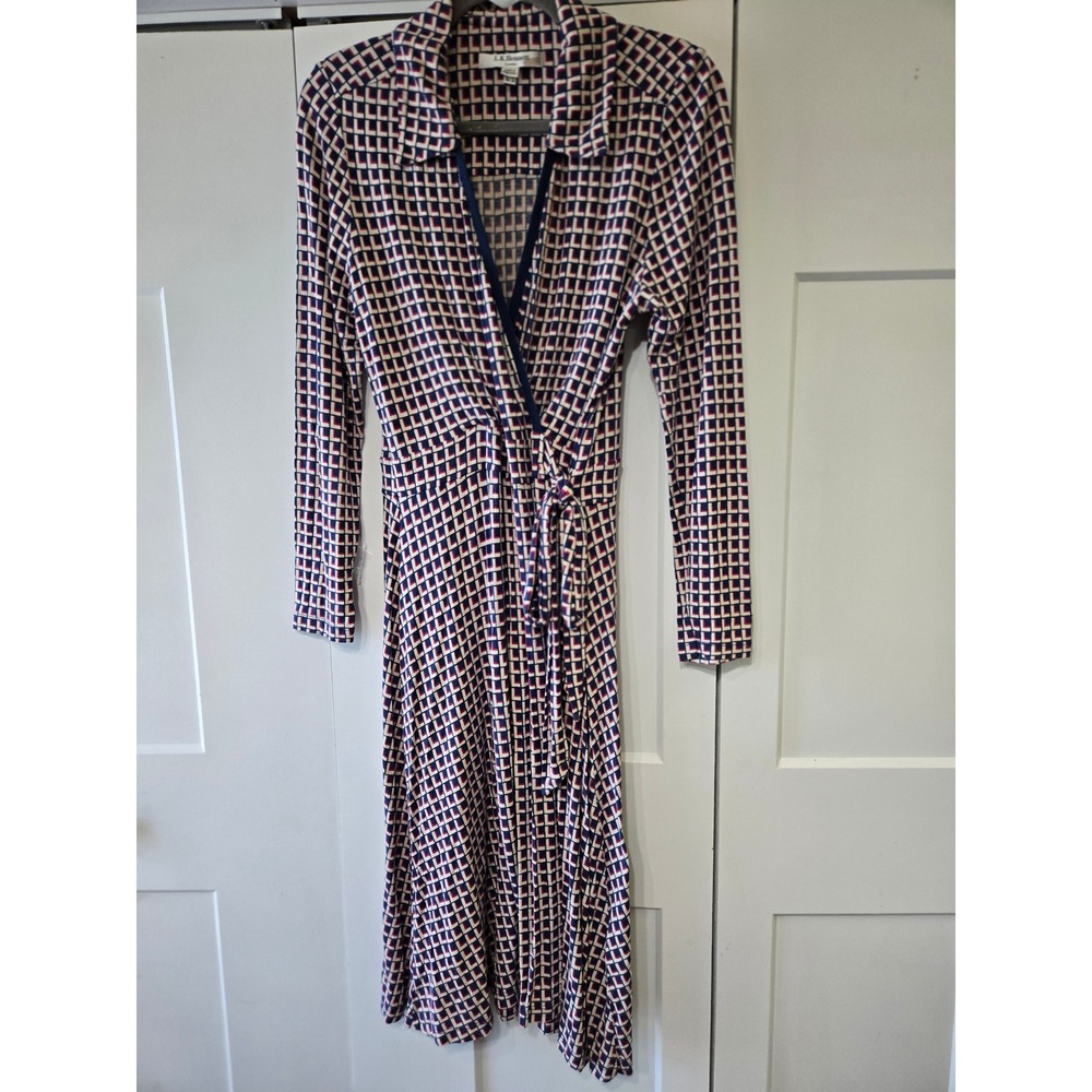 LK Bennett London Navy Red Geometric Wrap Dress Long Sleeve Midi Size 10